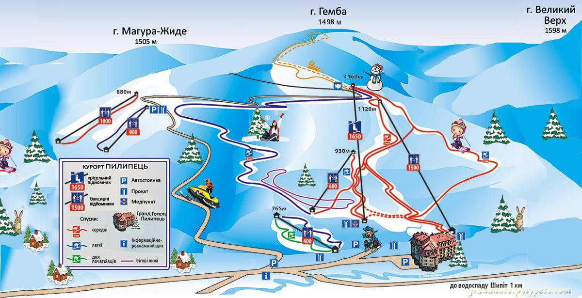 Карта витягів і трас лижного курорту Пилипець