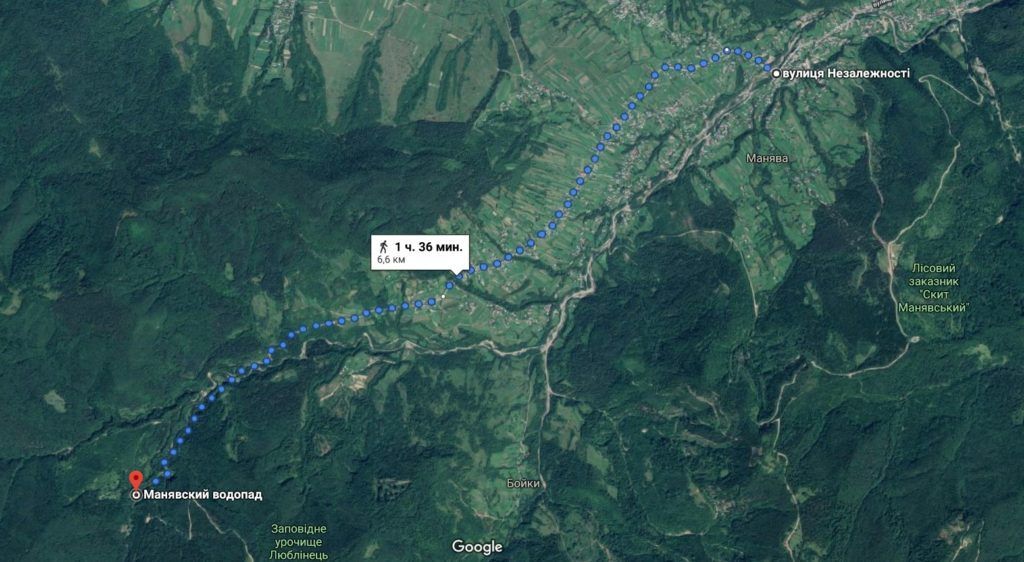 Схема маршруту з села Манява до Манявського водоспаду